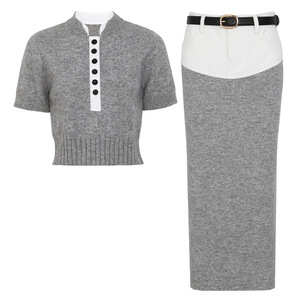 <span class=keywords><strong>2026</strong></span>年夏季女士时尚拼布套装短袖单排扣上衣中长裙女式针织两件套 - Product Image 1