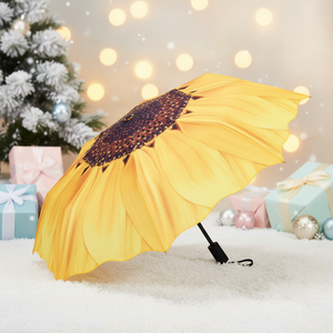 Parapluie de voyage compact moderne en tissu pongé, imperméable, anti-UV, à ouverture automatique, pliable en 3 sections, motif pétale de fleur, avec impression de logo - Product Image 1
