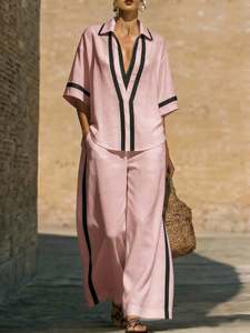 Set con finiture a contrasto per un brunch rilassato, <span class=keywords><strong>camicia</strong></span> casual con scollo a V <span class=keywords><strong>e</strong></span> <span class=keywords><strong>pantaloni</strong></span> a gamba larga - Product Image 3