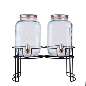 2 חבילות צנצנות זכוכית כפולות גלון שקופות מתקן עם מכסי מתכת רוז גולד, מעמד למשקאות מיץ עם פיה כלולה