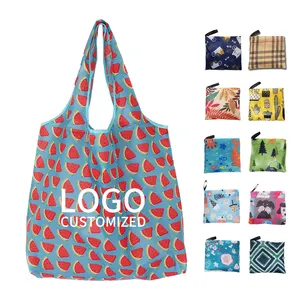 Reusable Grocery Foldable Bag Heavy Duty Expandable Folding Tote Bag Large Reusable 190T Polyester Foldable Grocery Shopping Bag