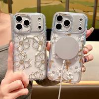 Coque de téléphone antichoc transparente magnétique sans fil de haute qualité pour 17 Pro Max, avec motif floral cerise 3D scintillant et dos en PC