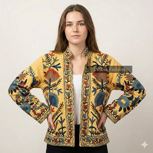 Chaqueta de Terciopelo de Punto de Lujo para Mujer, Bordado Bohemio Hecho a Mano, Ecológico, Inspirado en lo Vintage, Motivo Tropical - Product Image 1