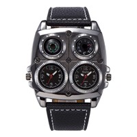 Jam Tangan Pria Oulm 1140 Dua Zona Waktu Gaya Fashion Ukuran Besar Jam Quartz Tali Kulit Asli Pria Jam Tangan Bercahaya