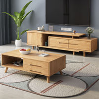 Ensemble Meuble TV et Table Basse Nordique Contemporain Simple en Bois Massif, Support Télescopique Multifonctionnel, Rangement, Couleur Personnalisable, Petit Modèle