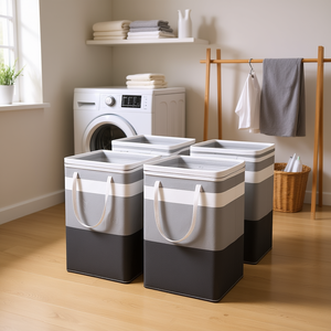 Homey Set di 4 Cesti per Bucato Pieghevoli da 75 Litri, Contenitori Rettangolari in Tessuto Grigio con Manici per Lavanderia - Product Image 2