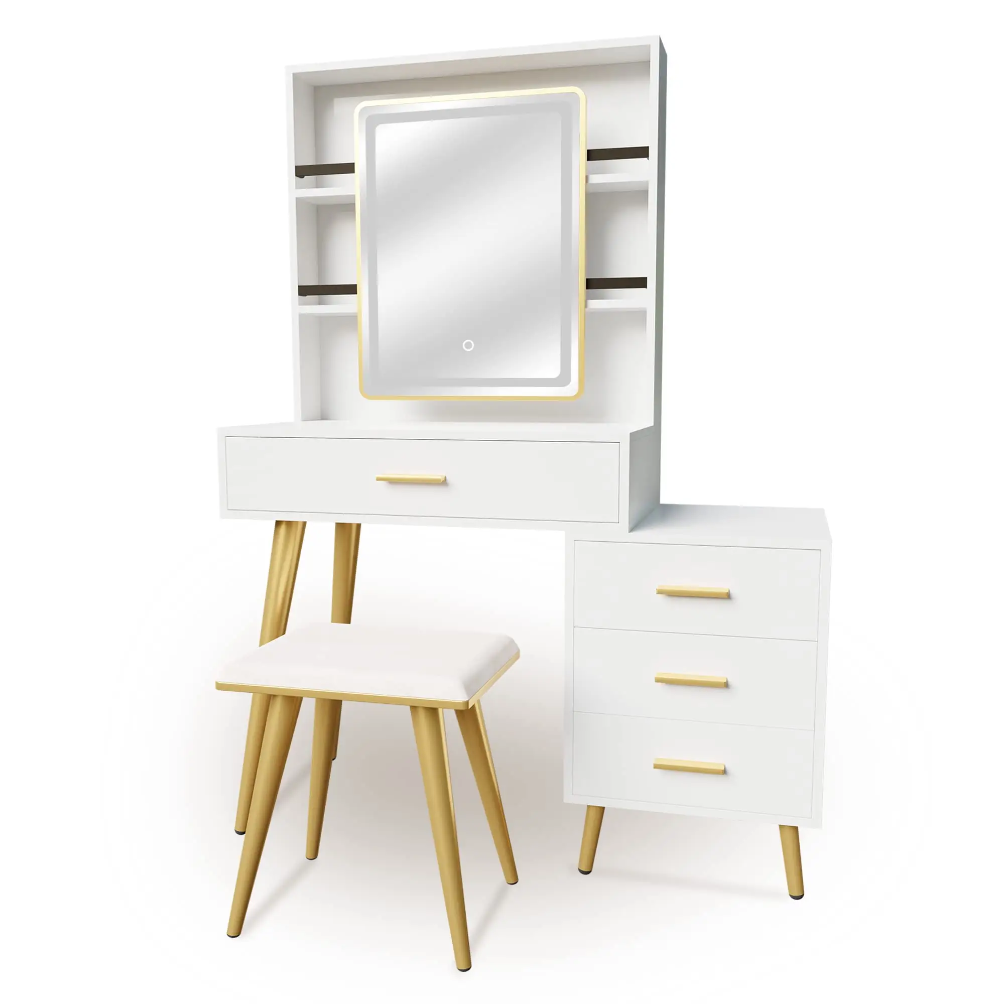 New Vanity Desk com Espelho e Luzes Make Up Table com 4 Gavetas 3 Modos de Iluminação Brilho Ajustável Coxioned Stool
