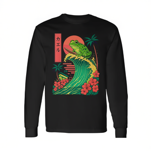 T-shirt giapponese a maniche lunghe con stampa digitale di rana che surfava, design con onde e palme, girocollo unisex per adulti - Product Image 3