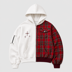 Sweat à capuche zippé OEM, coupe et couture, motif écossais rouge, empiècements en molleton de coton blanc, patchwork, logo design, streetwear homme. - Product Image 1