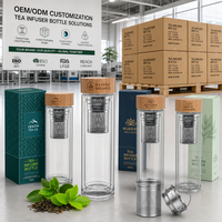 Botol Air Kaca Dinding Ganda Kustom Dengan Tutup Bambu dan Infuser Teh 304, Mug Perjalanan Borosilikat Terisolasi OEM Grosir