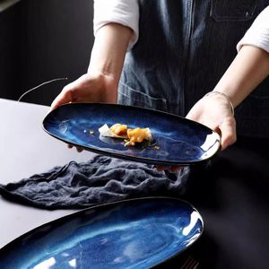 Blue Kiln Reactive Glaze Oval Sushi <b>Ceramic</b> <b>Plate</b> for Hotel Restaurant 12/14 Inch Dinner <b>Plate</b> Appetizer Serving Decorative Dish - Product Image 4