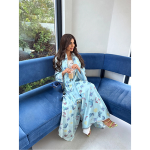 LEDUO Handmade Light Blue Ocean-Themed Printed Abaya with Classic Cut and <b>Matching</b> Shawl for Women - Product Image 1