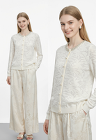 Cardigan élégant en tricot jacquard pour femme, orné de strass et de perles, col rond, boutons perlés, manches longues, léger, blanc, en tricot fin