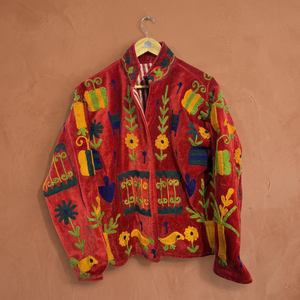 Red <b>Velvet</b> Stand Collar <b>Jacket</b> Hand Embroidered Floral Pattern Full Sleeve Autumn Women's Coat Wholesale Suzani <b>Jackets</b> B2B - Product Image 1
