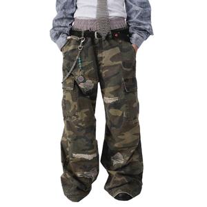 กางเกงคาร์โก้เอวสองชั้นลำลองปักลายพรางแบบวินเทจผ้าฝ้าย 100% คุณภาพสูงขายส่ง ซักทำสีซีดแบบดิสเทรส ปักลายตามสั่ง - Product Image 4