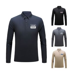 Polo homme en piqué de coton, couleur unie, anti-plis, col brodé, manches longues, printemps-automne - Product Image 1