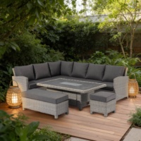 Meubles de patio en forme de L, salle à manger extérieure, canapé en osier avec table à foyer levant, ensemble canapé d'angle en rotin de jardin avec pouf