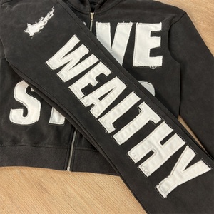 Custom Men Heavyweight Cotton Patchwork Sweatsuit Distressed Acid Wash Applique <b>Embroidery</b> Sweatpants and Cropped Hoodie <b>Set</b> - Product Image 3