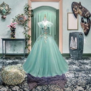 Tatlı çiçek baskı doğal bel kolsuz zarif yeşil saten A-Line balo v yaka kat uzunluk akşam balo kıyafetleri - Product Image 3