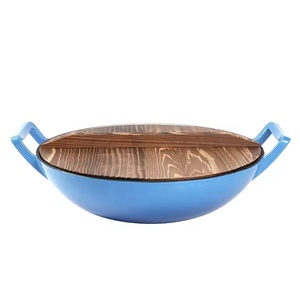 High Quality Big Size <strong>Non</strong> <strong>Stick</strong> 36cm Enamel Cast Iron <strong>Wok</strong> Pan With Wooden Lid - Product Image 3
