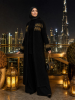Ensemble Abaya 3 Pièces Personnalisé ODM pour Femme, Noir et Or, Tricot Fair Isle, Col Roulé, Pantalon Palazzo, Mode Modeste, Vente en Gros OEM Golfe