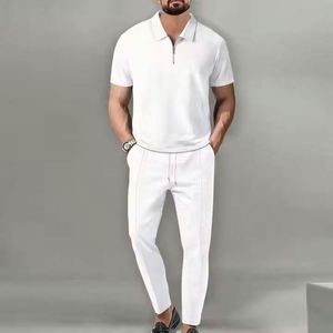 I-0497 Ensemble d'été deux pièces pour homme, style streetwear formel, écologique, couleur unie, col montant, manches courtes, fermeture éclair - Product Image 3
