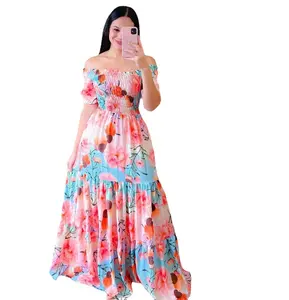 New Spring/Summer European and American Women's Dress One Shoulder Fragmented Flower Fashion Off Shoulder Long Printed Dress