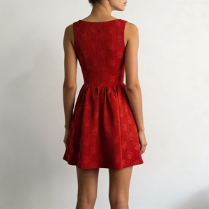 Mini Abito Personalizzato in Jacquard Floreale Rosso per Donne, Collo Tondo, Spalle Scoperte, Linea A, Vita Alta, Traspirante, Stile Elegante per Feste e Casual - Product Image 3