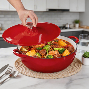 Casserole en fonte émaillée rouge antiadhésive avec couvercle auto-irrigant et bouton doré - Product Image 1