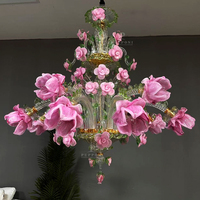 Lustre en verre soufflé à la main en forme de rose rose, 12 lumières E14, style Murano, lampe suspendue pour salle à manger de villa
