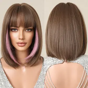 立即交货合成中长直棕色混合粉色假发，刘海假发，适合女性耐热天然