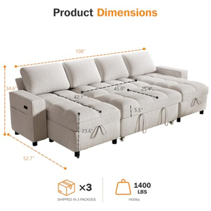 Canapé modulaire sectionnel avec lit escamotable, canapé en chenille en forme de <span class=keywords><strong>U</strong></span> avec dossier réglable USB, 2 sièges de rangement - Product Image 2