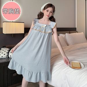 Plaid Casual abito largo pigiama <span class=keywords><strong>donna</strong></span> estate <span class=keywords><strong>cotone</strong></span> dolce pizzo pigiama collo quadrato camicia da notte <span class=keywords><strong>vestiti</strong></span> per la casa - Product Image 4