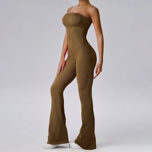 Mono de yoga sin costuras de una pieza y pantalones de yoga acampanados con efecto levanta glúteos para entrenamiento y ejercicio, nuevo color azul marino - Product Image 4
