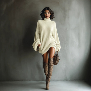 Abiti Mini <span class=keywords><strong>in</strong></span> <span class=keywords><strong>Maglia</strong></span> a Costine Lavorati a <span class=keywords><strong>Maglia</strong></span> da Donna 2026 Chic Boutique, Vestiti Oversize a Collo Alto con Maniche a Lanterna per Autunno Inverno - Product Image 1