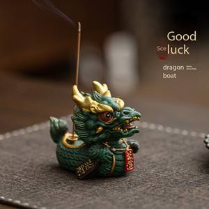 แท่นวางธูปรูปเรือมังกรนำโชคหม้อหอมแบบชุบทองบลูสโตนสำหรับใช้ในร่มอุปกรณ์ตกแต่งพิธีชงชา - Product Image 1