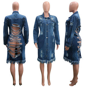 Chaqueta vaquera para mujer, gabardina vaquera larga perforada con flecos de color sólido, Chamarras De Mezclilla <span class=keywords><strong>Muger</strong></span> - Product Image 4