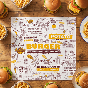 Papel de Envolver para Panadería, Impreso Personalizado, Resistente a la Grasa, Hecho de Pulpa de Madera Virgen, Biodegradable, de Grado Alimenticio, Reciclable, para Pasteles y Comida Rápida - Product Image 1