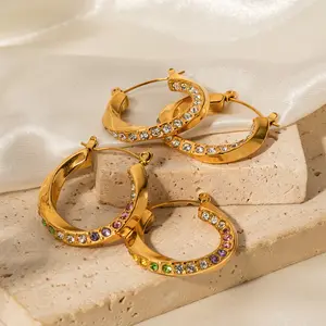 Anting berlian Mobius putih baja tahan karat emas 18K anting-anting Hoop putar Chunky untuk pesta Formal wanita