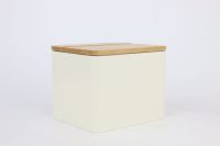Boîte de rangement pour perles de linge carrées en fer blanc avec couvercle en bambou