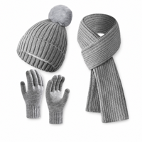 Conjunto de 3 Piezas de Gorro, Bufanda y Guantes de Punto para Invierno, Gorro de Punto Acanalado con Pompón de Piel Sintética, Guantes Táctiles, Accesorios Cálidos, Venta al Por Mayor OEM
