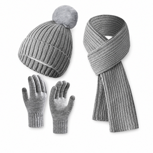 Ensemble 3 pièces bonnet, <span class=keywords><strong>écharpe</strong></span> et gants en tricot d'hiver, bonnet côtelé avec pompon en fausse fourrure, gants tactiles, accessoires chauds, vente en gros OEM - Product Image 1
