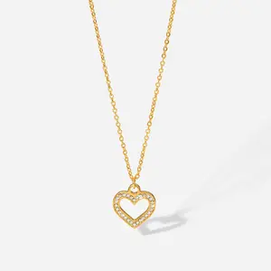 Simple Trendy Fashion 18K Gold Plated Titanium Stainless Steel Solid Hollow Heart Pendant Necklace for Women Girls