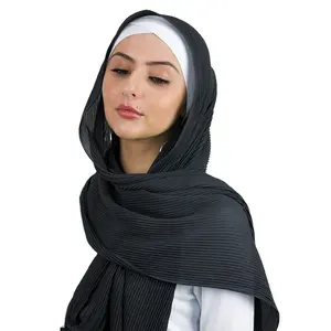 Fashion Wholesale New Long Softer Wrap Pleated Crinkle Maxi Scarf Hijab Plain Ripple Stripe Premium Viscose Crimp Hijabs