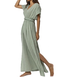 Kimono Loose Sleeve V-neck Side Slit Tie up Linen Elegant Bohemian <strong>Hippie</strong> Maxi Bridesmaid <strong>Dresses</strong> for <strong>Wedding</strong> - Product Image 3