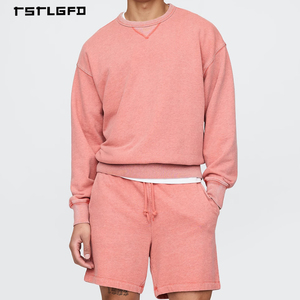 Ensemble sweat-shirt et short à épaules tombantes avec effet délavé au soleil pour homme en coton French Terry, style streetwear - Product Image 1