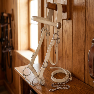 Adjustable White Leather Double <b>Stitched</b> Draft Horse Show Bridle - Product Image 3
