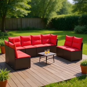 ชุดโซฟาหวายสังเคราะห์สีน้ำตาลพร้อมเบาะรองนั่ง 8 ที่นั่ง เฟอร์นิเจอร์กลางแจ้ง สไตล์ร่วมสมัย ดีไซน์ทันสมัย - Product Image 2