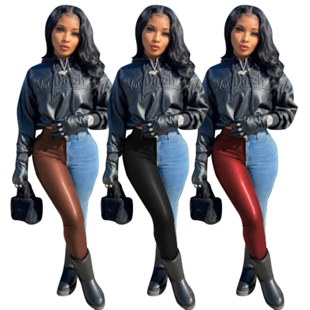 Trendy Women's Fashion Leather High Waist Stretch Tight Pu Leather Denim Stitching Trousers Casual Leather Jeans For Women
