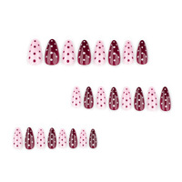 24 faux ongles à presser en ABS, bicolores rouge et rose, style Ins, courts à mi-longueur, forme amande, à pois, prêts à poser
